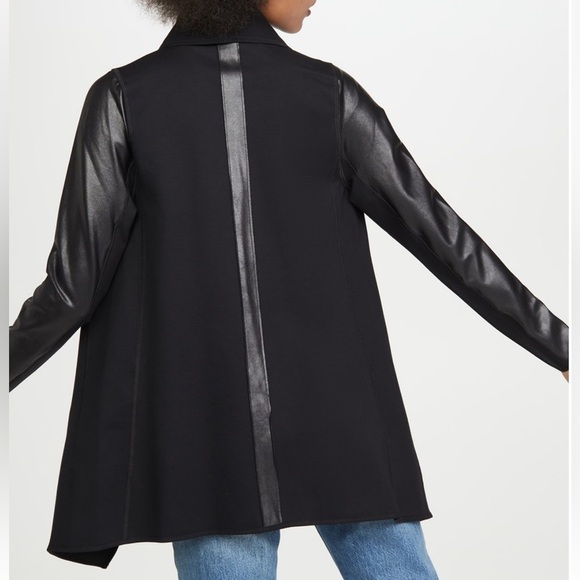 SPANX Faux Leather Convertible Jacket Black Coat Open Front Snap - Picture 2 of 7